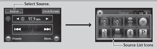 Select Source, then select an icon on the source list to switch the