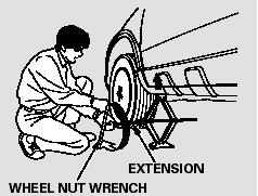 9. Use the extension and the wheel nut wrench as shown to raise the vehicle until